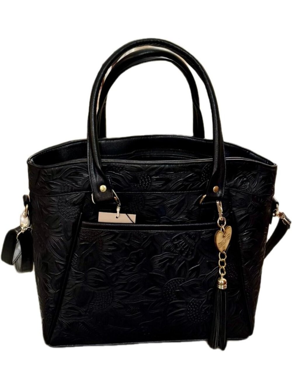Handcrafted Leather Tote Bag - Black Sunflower Design, Stylish Shoulder Bag with